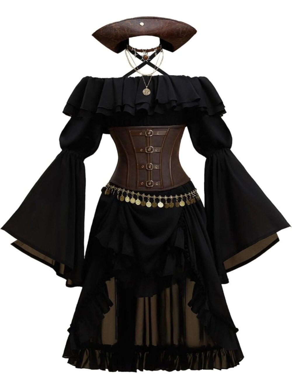 Women's Halloween Black Pirate Costume Dress with Corset & Hat - Medieval Style